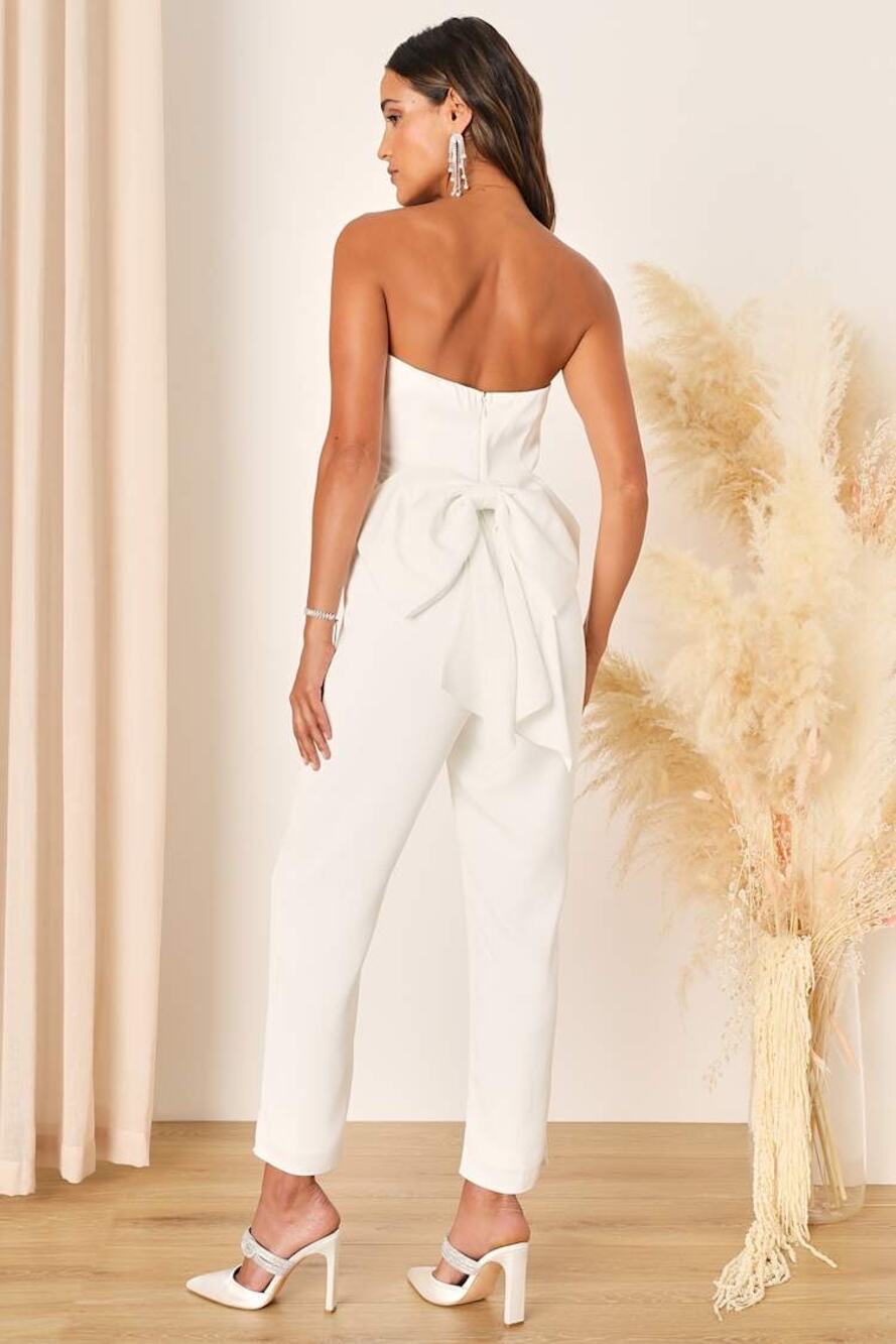 NWT Lulus Beloved Bliss Ivory Strapless Slim‎ Leg Bow Jumpsuit Party Classy Sz S